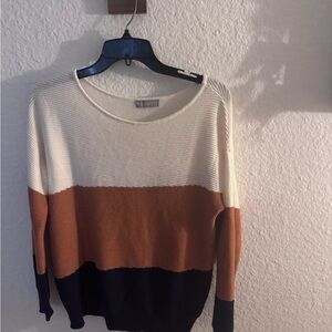 Colorblock Sweater - Cream, Brown, and Navy Blue